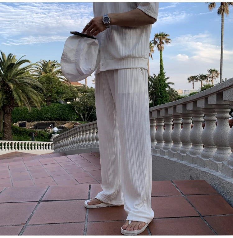 Summer Men's Loose Ice Silk Suits Fashion Casual V-neck Short Sleeve T-shirt And Pants Drape Two-piece Sets Men Clothes