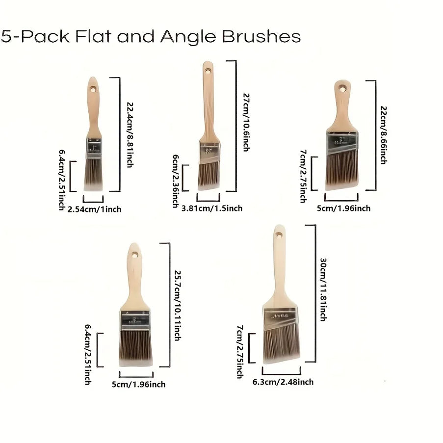 5-Piece Professional Paint Brush Set - Angled Oil Brushes With Wooden Handle & Stainless Ferrule - Assorted Sizes