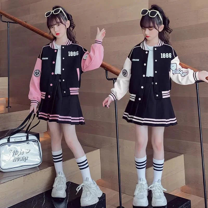 Girls Sports Clothing Suit Spring Autumn Baseball Sets Children Jacket Pleated Skirt 2Pcs Kids Fashion Outfits 4-14 Years