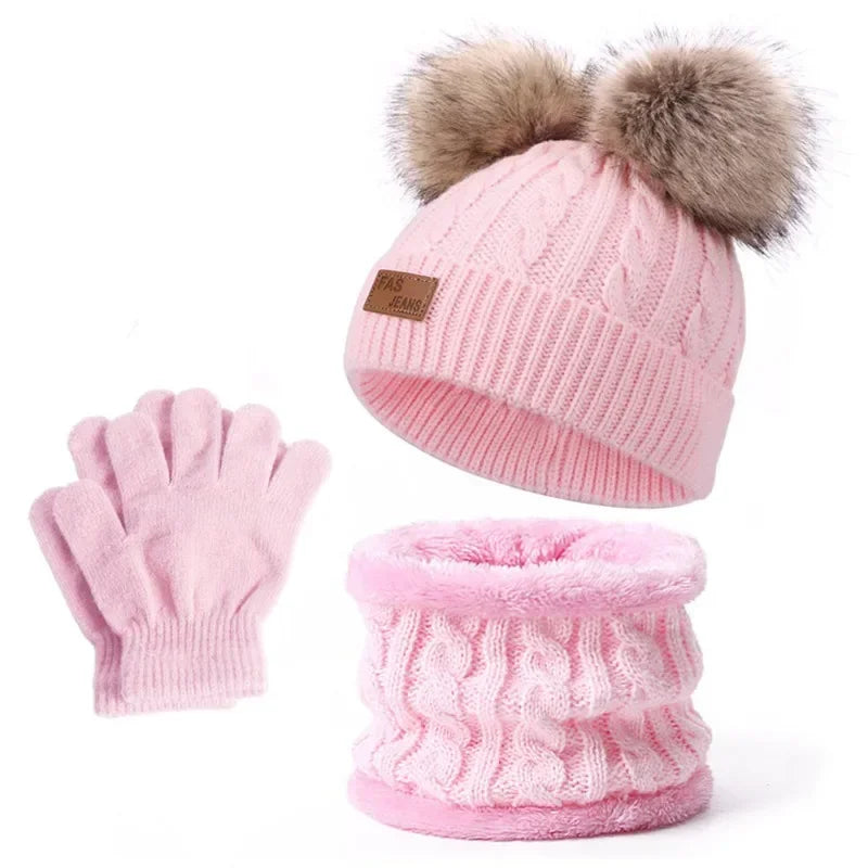 Double Pom-Pom Ball Twisted Knit Hat Scarf Gloves Set for Kids Winter Cute Children Boys Girls Beanie Hats Kniited Necker Warmer