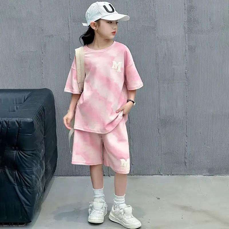 Girls Summer Korean Style Fashion 2pcs T-shirts+Pants Suits 5-15 Years Teenage Kids Sports Streetwear Sets Children Clothes