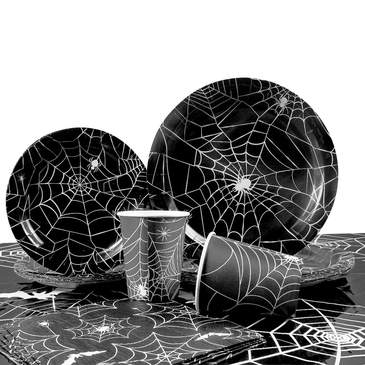 Halloween Spider Web Disposable Tableware Set Paper Black Plates Napkins Cup Banner Halloween Birthday Party Decoration Supplies