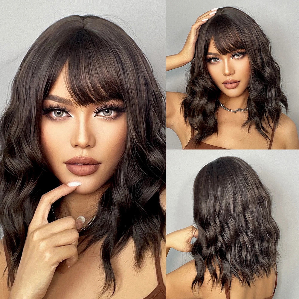 ALAN EATON Auburn Synthetic Wigs with Bangs Short Wavy Wig Red Brown Curly Hair for Party Cosplay Heat Resistant Fiber Wig