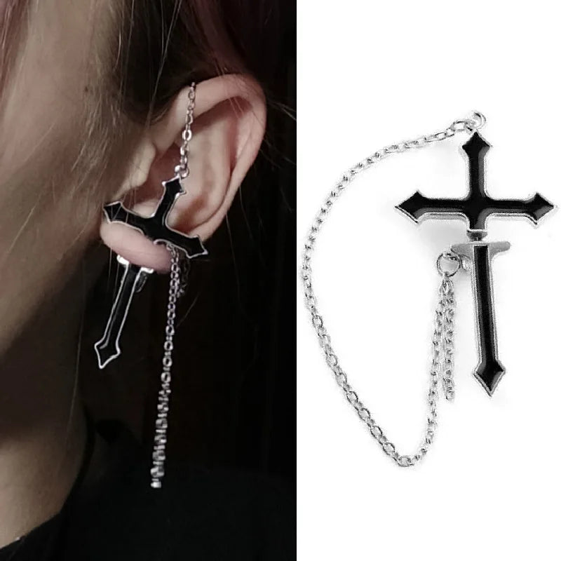 Gothic Punk Black Cross Drop Earrings for Teens Vintage Rock Pride Long Chain Ear Cuffs Ear Clips Women Earrings Girls Jewelry