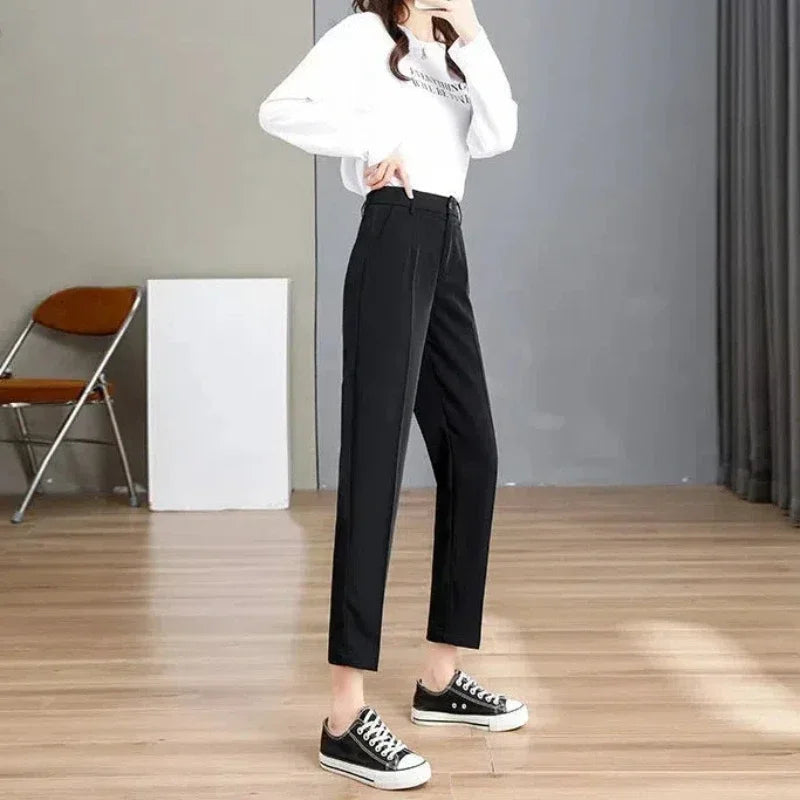 Women's Clothing Spring Autumn Solid Color Button Zipper High Waist Pockets Casual Trousers Trouser Suits Formal Cropped Pants