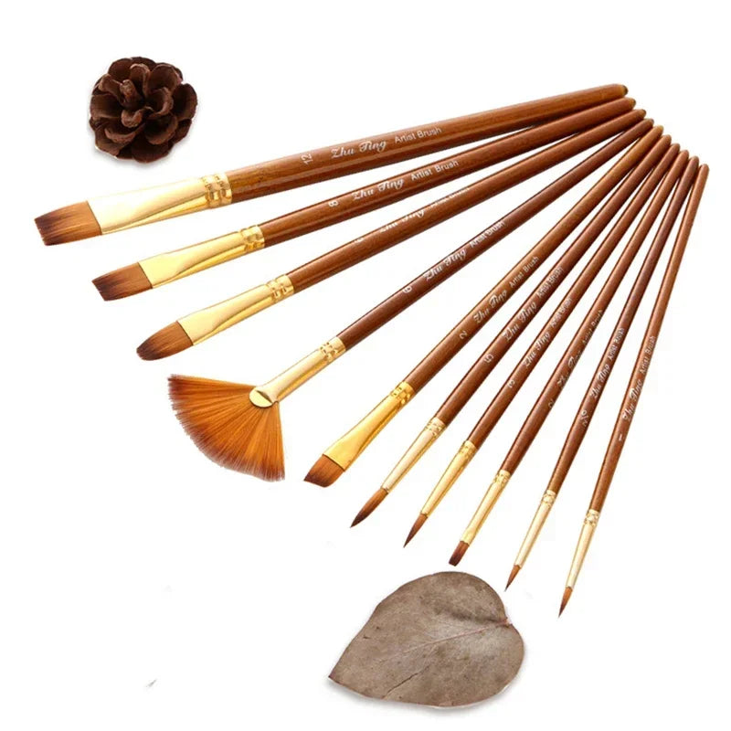 New 10Pcs Paint Brushes Set Nylon Hair Painting Brush Short Rod Oil Acrylic Watercolor Pen Professional Art Supplies