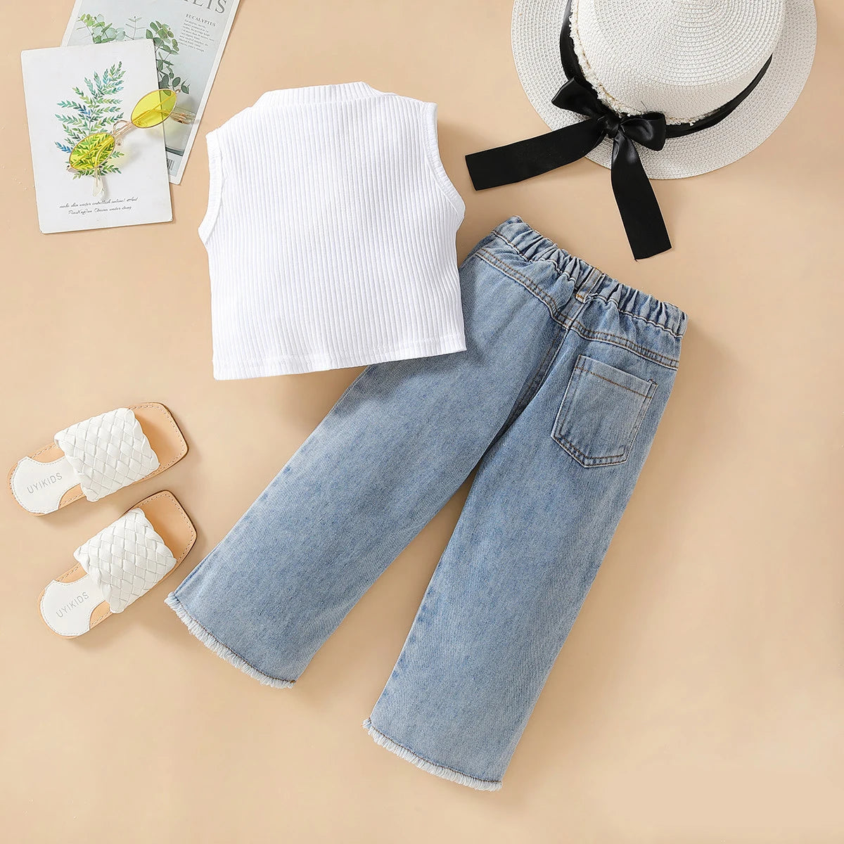 2Piece Summer Baby Girls Outfit Sets Korean Fashion Casual Black Sleeveless Cotton Tops+Loose Jeans Kids Boutique Clothes BC413