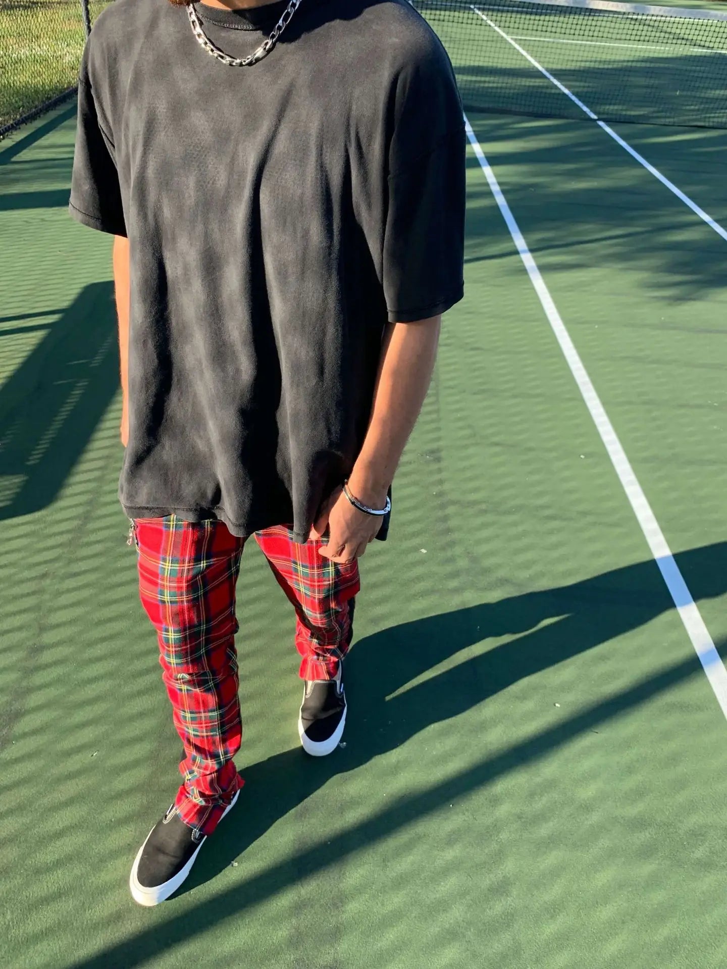 2024 Spring and Autumn hip hop pants Scottish lattice zipper slim pants men's casual pants elastic waist sports hipster men