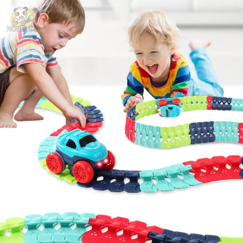 Rechargeable Kids Track Cars For Boy Flexible Track with LED Light-Up Race Car Set Anti-gravity Assembled Track Car Gift for Kid