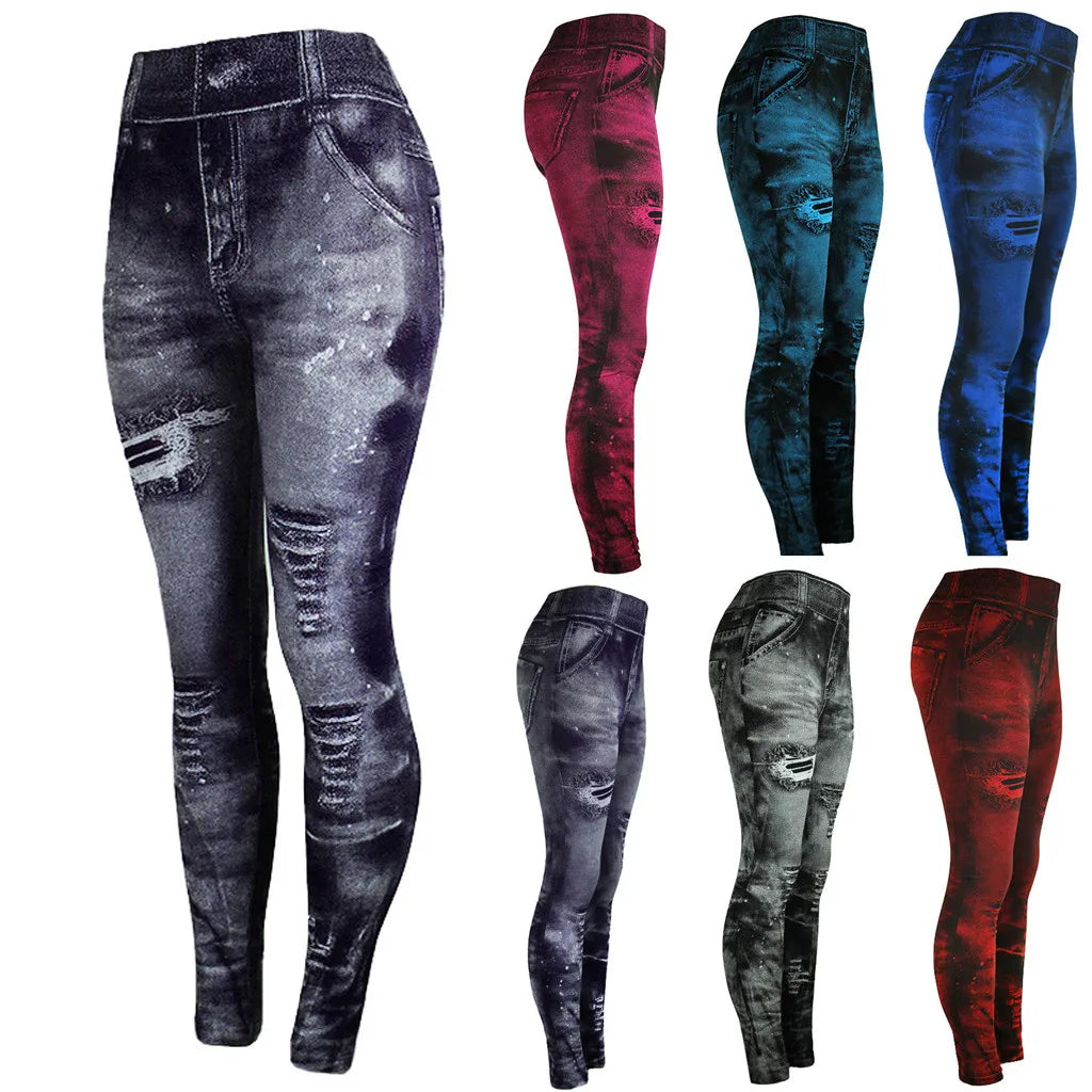 New Women Imitation Distressed Denim Jeans Leggings Casual High Waist Slim Elastic Pencil Pants Sport Leggins Femal Push Up