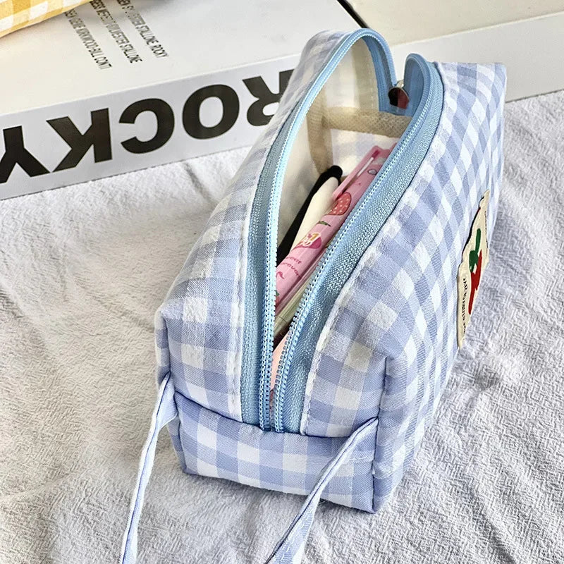 Korean Style Checkerboard Large Capacity Pencil Case Kawaii Rabbit Canvas Pencil Bag School Box Pouch Stationery School Supplies