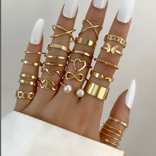 22pcs Gold Color Rings Set for Women Vintage Geometric Irregularity Cross Pearl Finger Hip Hop Rock Ring Fashion Jewelry Gift