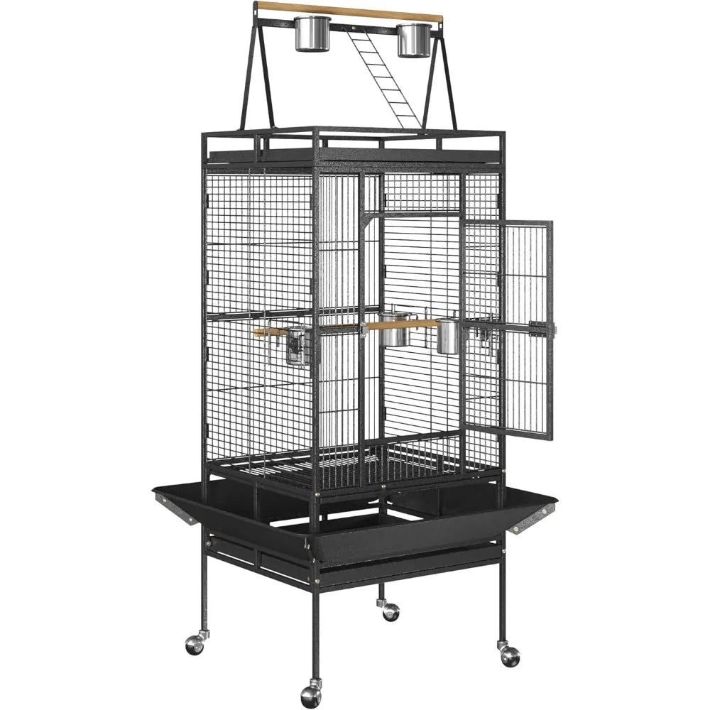 68-Inch Birdcage, Playtop Parrot Cage, Wrought Iron Bird Cage with Rolling Stand, Heavy-Duty Pet Bird House for Parrot Cockatiel