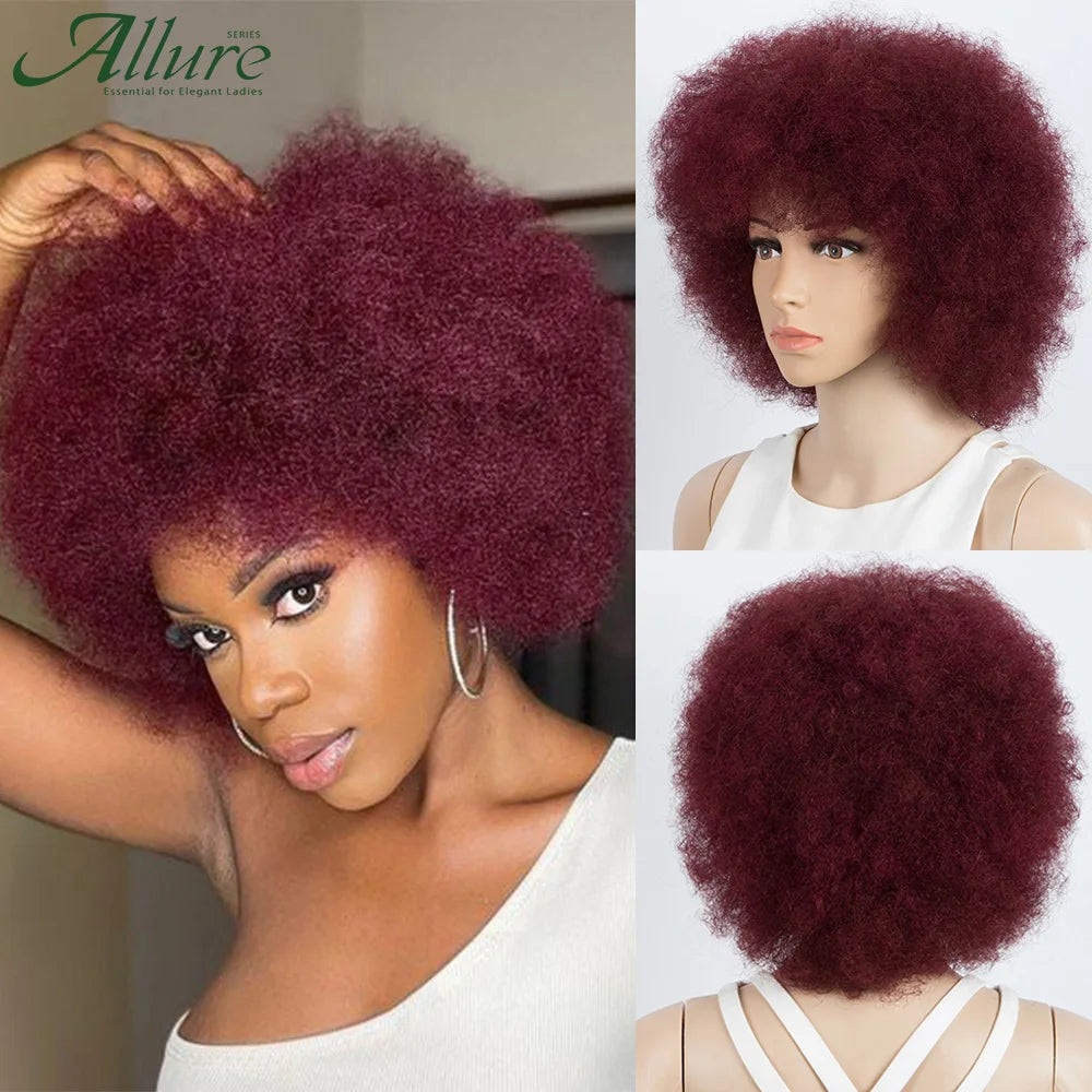 Fluffy Afro Kinky Curly Wig For Black Women Remy Brazilian Human Hair Short Sassy Wear to Go Wigs Natural Brown Burgundy Allure