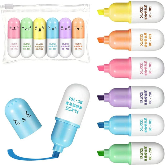 6Pcs Kawaii Mini Pills Highlighter Pen Set Cute Funny Smiling Face Fluorescent Marker Pen School Office Art Stationery Supplie