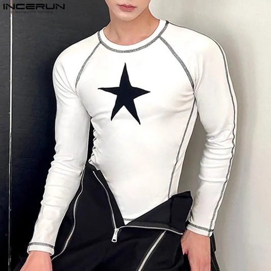 2023 Men T Shirt Printing O-neck Long Sleeve Fitness Streetwear Casual Men Clothing Autumn Korean Style Tee Tops S-5XL INCERUN