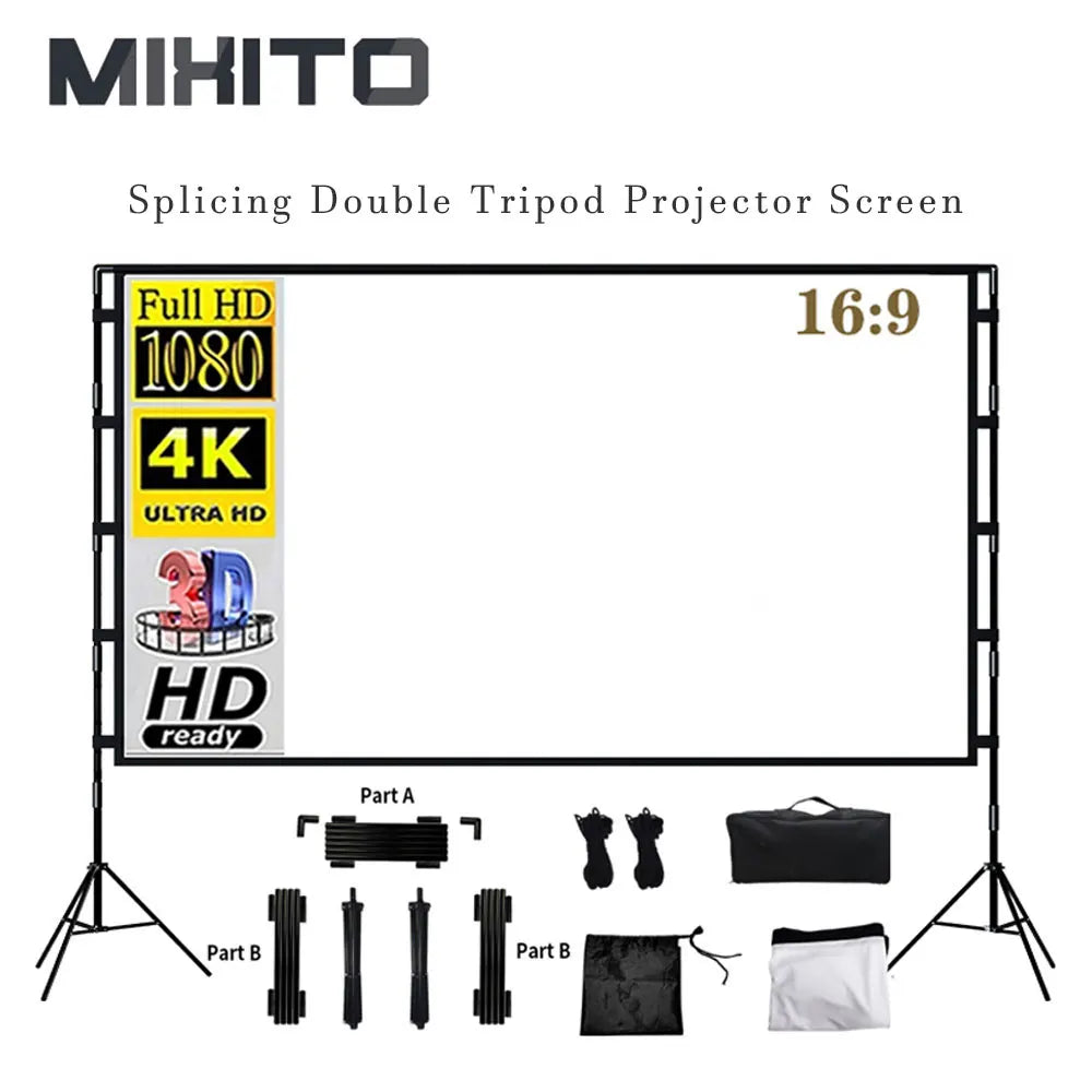 MIXITO Splicing Double Tripod Fold White No Creases With Carry Bag Front And Back Soft Sided Projection Outdoor Projector Screen