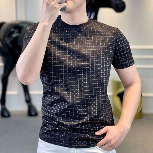 Summer Men Clothing Short Sleeve Plaid T-Shirts Streetwear Fashion Vintage Business Casual Round Neck Black Versatile Slim Tops