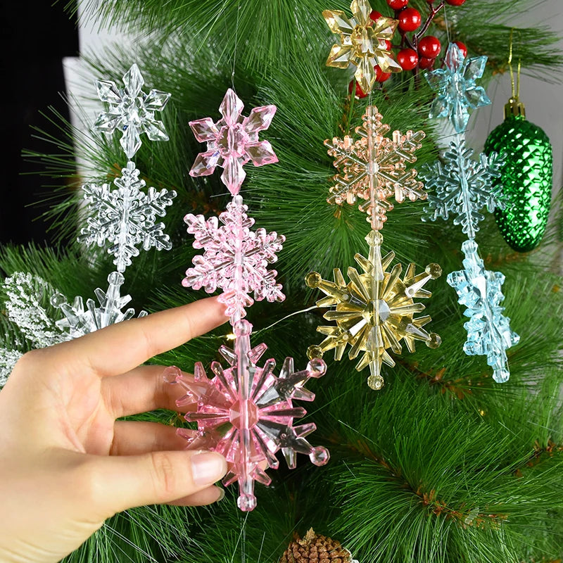 10pcs Crystal Snowflake Christmas Ornament Acrylic Transparent Snowflake Pendant New Year Party DIY Xmas Tree Hanging Decoration