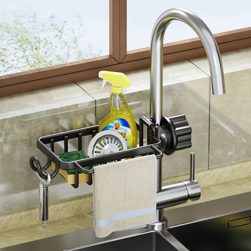 Kitchen Aluminum Sink Drain Rack Faucet Storage Holder Sponge Drainer Shelf Basket Soap Organizer Kitchen Bathroom Accessories