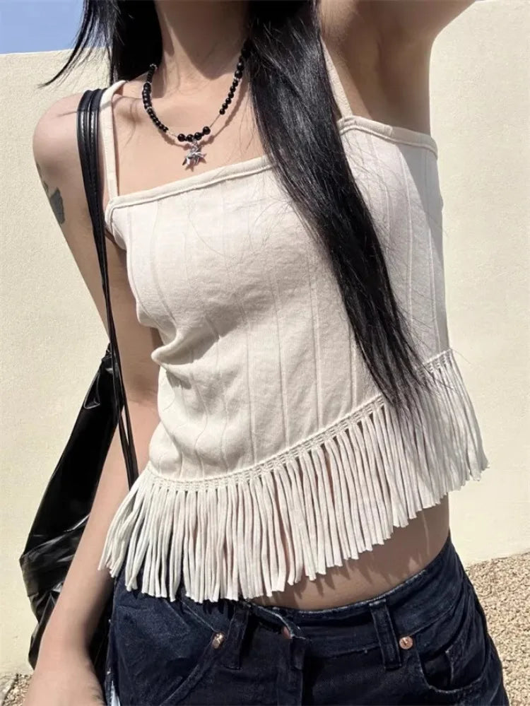 Korean Sexy Backless Lace Up Camisole Tops Y2k E-Girl Slim Fit Tassel Tank Top 2025 Summer New Straight Black Vest for Women