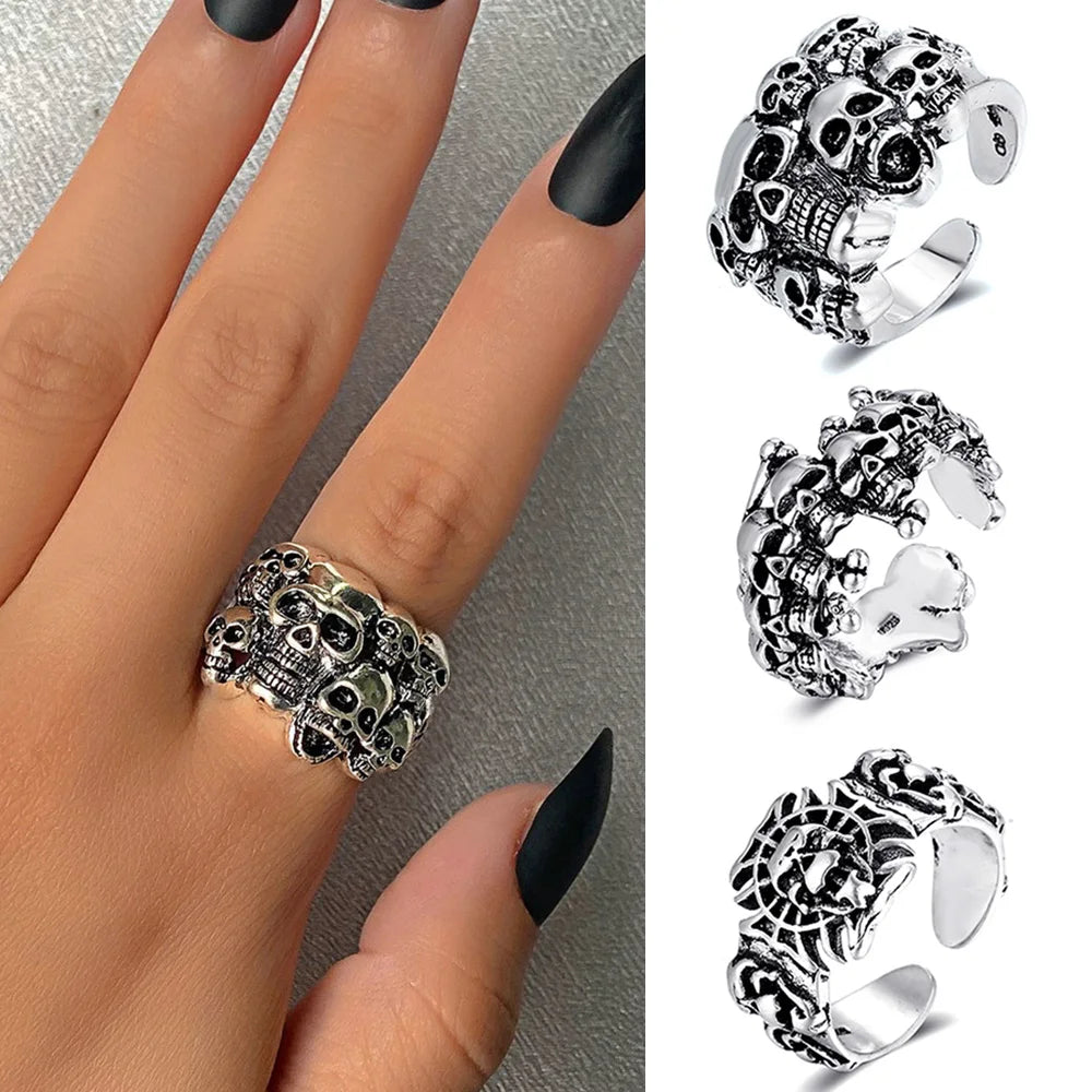 Dark Gothic Skull Skeleton Rings For Men Women Punk Goth Hiphop Rock Silver Color Adjustable Ring Fashion Jewelry Halloween